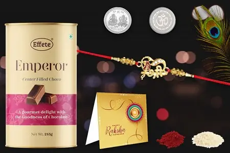 Multicolor Braceletrakhi (K1_201_crm) Chocolate Silver And Golden Work Rakhi With Red Dori Rakhi