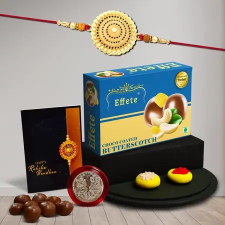 Rakhi For Brother Set Of 1 Combo With Chocolate Butter Scotch 32gm Pooja Coin Greeting Card Rakhi