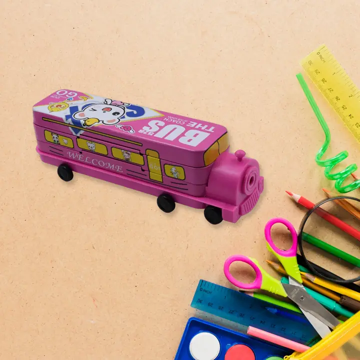 Double Decker Magic Bus Compass 2 Layer Metal Bus Compass Pencil Case With Movable Wheels Sharpener