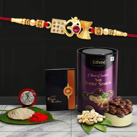 Multicolor Red Om Rakhi Bracelet (K1_282_bs) Chocolate Butter Scotch 96gm With Silver Color Pooja