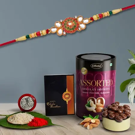 Rakhi (K1_410_as) Assorted Chocolate Dryfruits 96gm Rakhi Combo With Card And Chocolate Chocolates