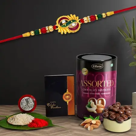 Rakhi (K1_273_as) Assorted Chocolate Dryfruits 96gm Rakhi Combo With Card And Chocolate Chocolates