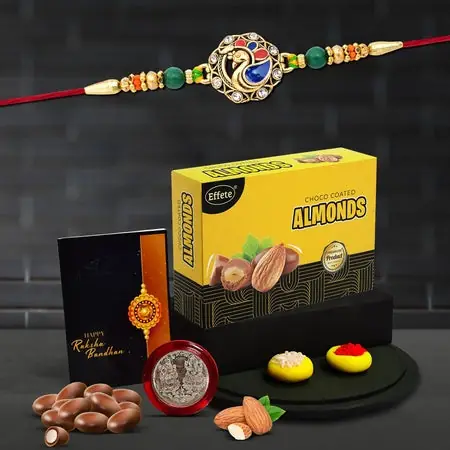 Rakhi Combo (K1_408_ea32) Chocolate Almond 32gm With Pooja Coin Greeting Card Rakhi Gift Hamper