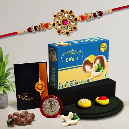 Multicolor Bracelet Rakhi (K1_357_rds) Rose Milk Drink With Silver Color Pooja Coin Roli Chawal
