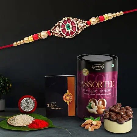 Rakshabandhan Red Design Rakhi For Brother Set Of 1 With Assorted Chocolate Dryfruits 96gm
