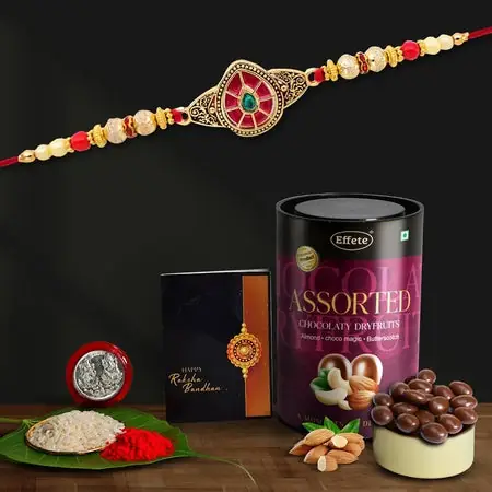 Rakhi For Brother Set Of 1 With Assorted Chocolate Dryfruits 96gm Rakhi For Brother And Bhabhi