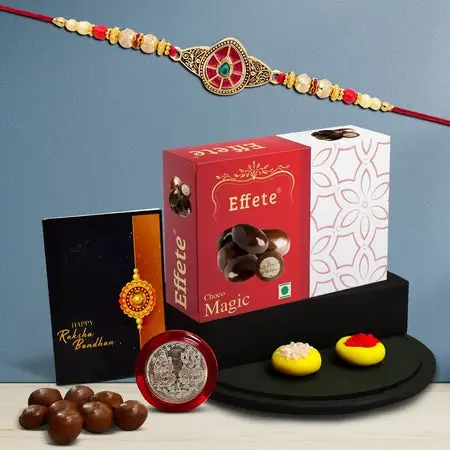 Rakhi For Brother Set Of 1rakhi Wirh Chocolate Magic 32gm Pooja Coin With Greating Card Rakhi For
