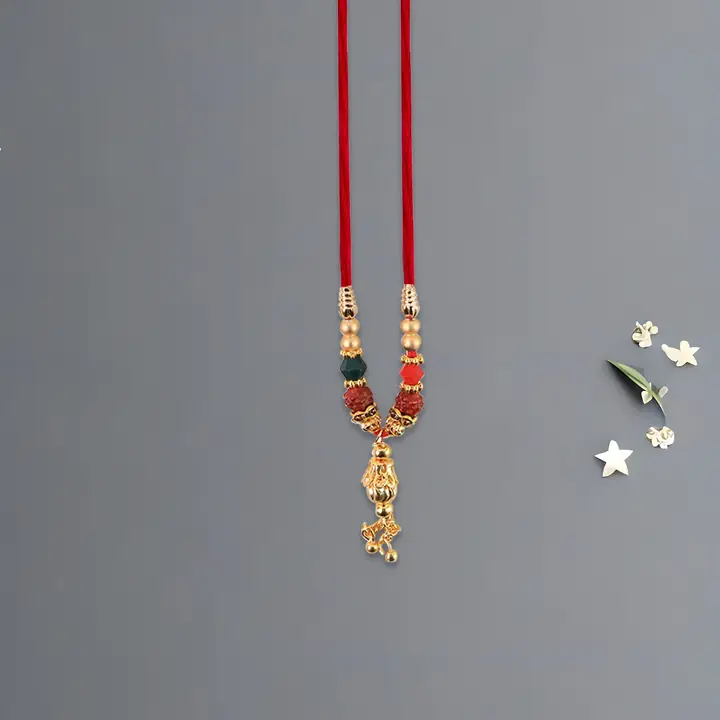Bhabhi Lumba Rakhi With Multicolor Beads And Hanging Chain Charm On Red Thread
