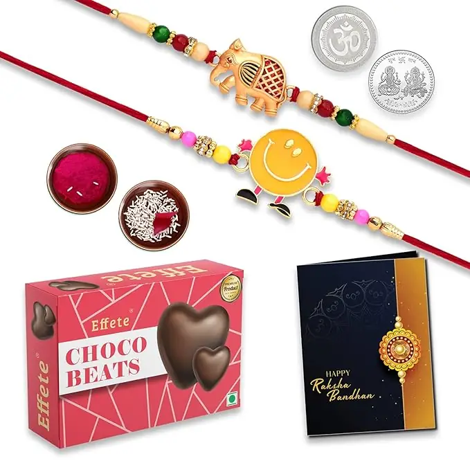 Kids Rakhi Combo With Elephant Smiley Rakhi Choco Beats Tilak Coin Card