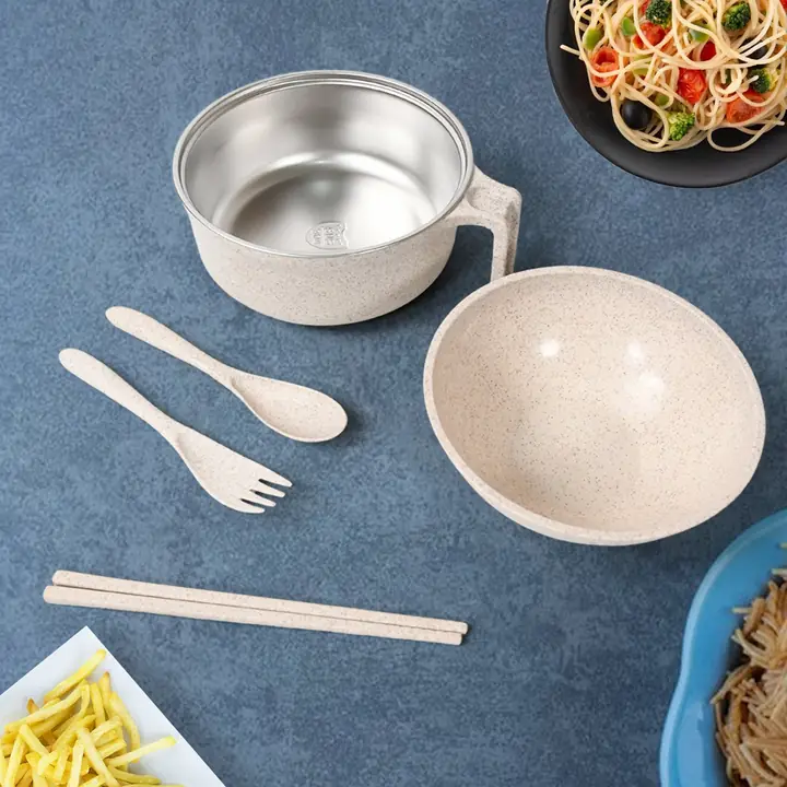Rice Bowl Noodle 1 Bowl With 1 Lid And Handle Wheat Straw Noodle Bowls With Wheat Straw 1 Fork 2 (6 Pcs Set)