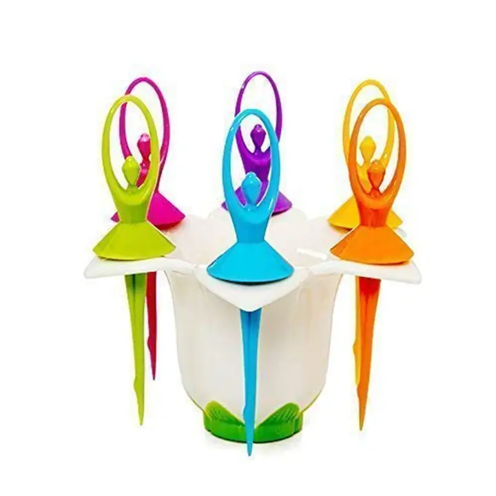 Dancing Doll Fruit Fork Cutlery Set With Stand Set Of 6.