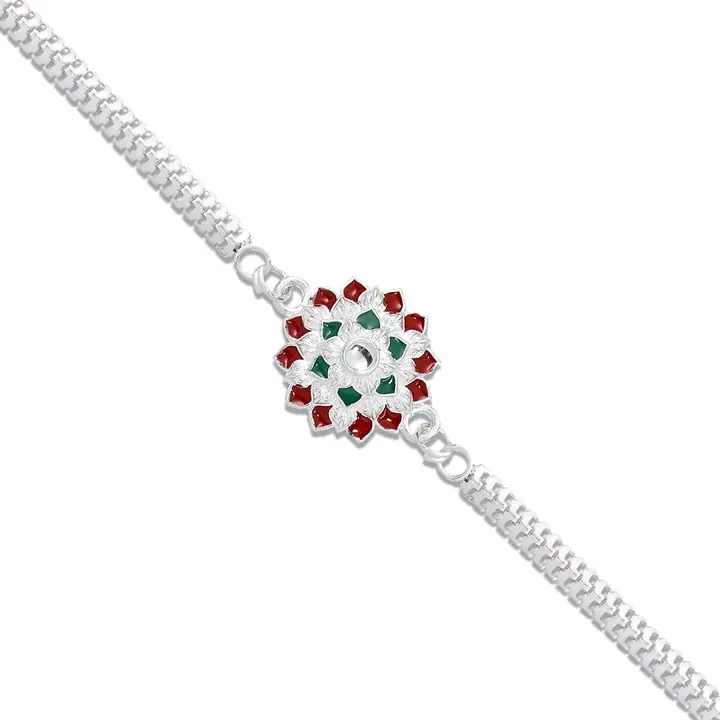 Traditional Floral Rakhi With Red Green Stones Silver Designer Rakhi For Brother
