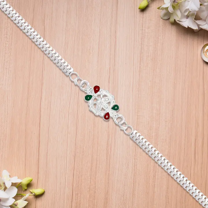 Delicate Metal Chain Rakhi With Enamel Floral Center