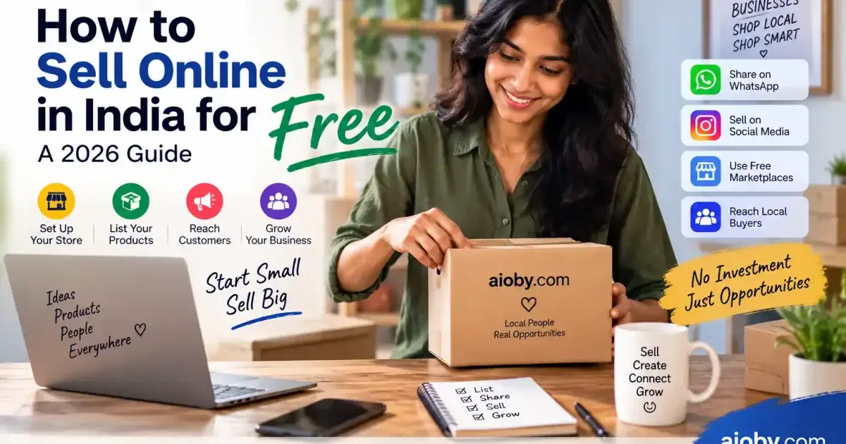 Indian entrepreneur selling products online from home, illustrating how to sell online in India for free in 2026 using marketplaces, social media, and WhatsApp.
